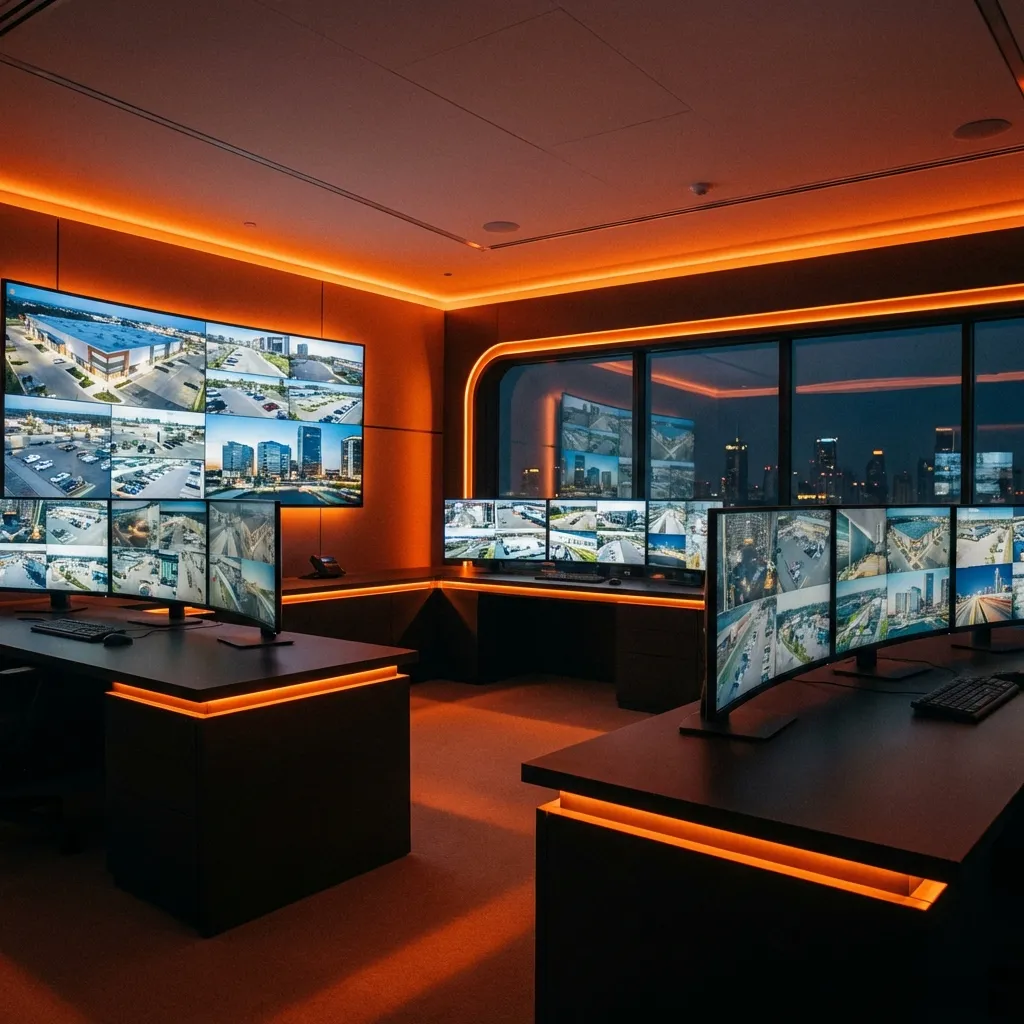 Security operations center with multiple surveillance monitors